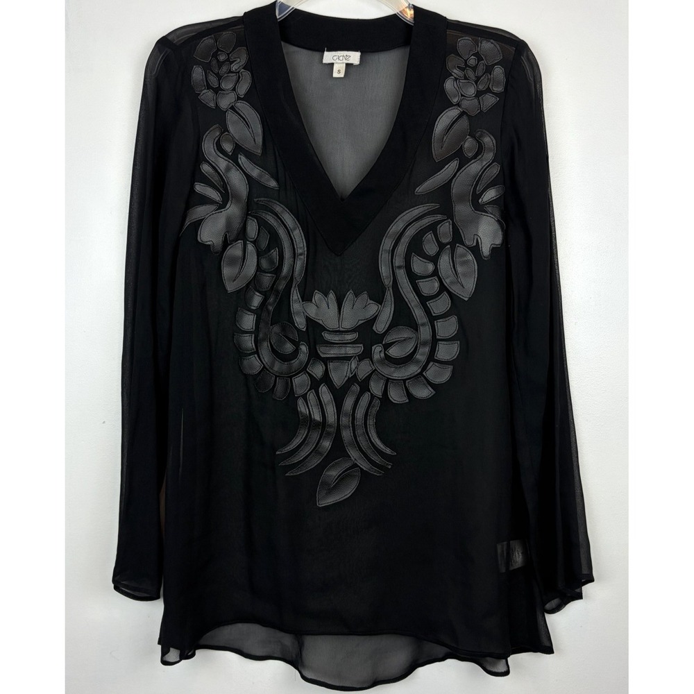 Cache Sheer Black Tunic Top Womens Small Faux Leather Applique Old Money Event